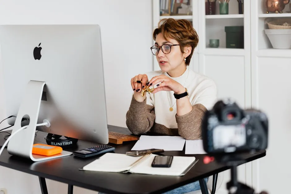 Smart short haired female coach in glasses having web seminar using modern monoblock PC while being recorded on video with camera on tripod in modern study