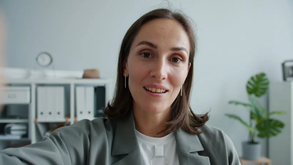 Close-up of a confident woman in an office environment, smiling at the camera.
